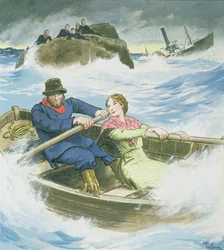 Grace Darling (1815-41) y su padre rescatando a los sobrevivientes del naufragio del vapor 